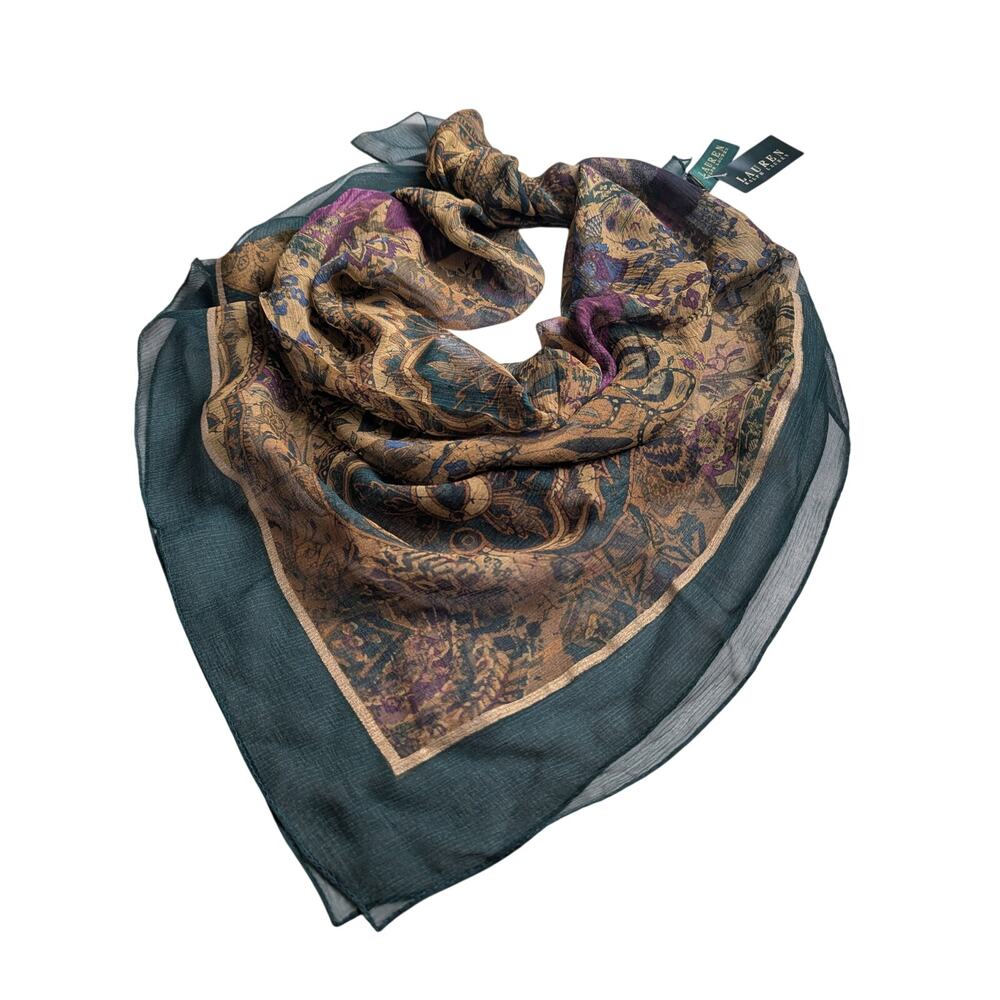 Lauren Ralph Lauren NWT Silk Chiffon Scarf Square Green Gold Paisley Flora